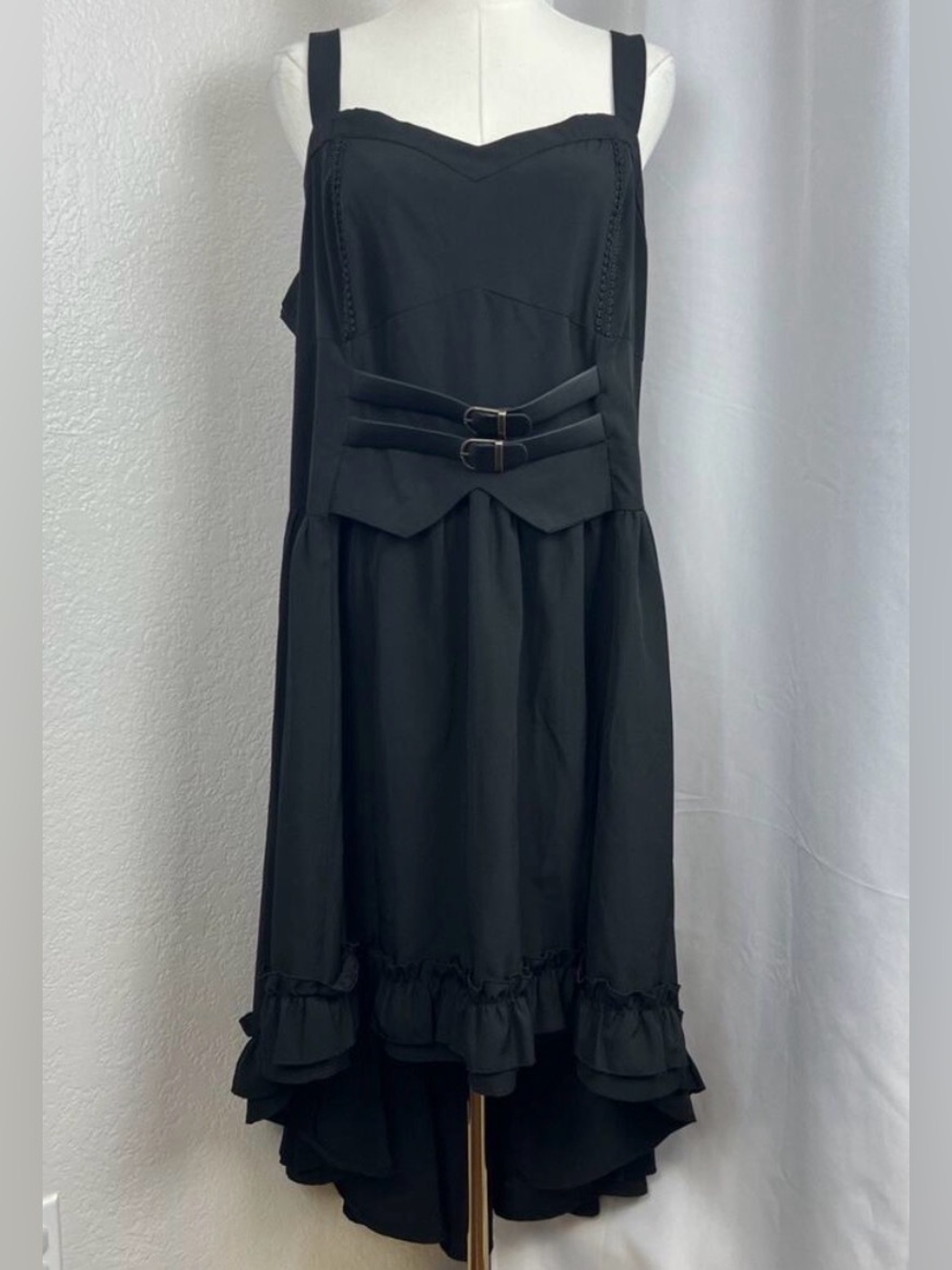 SCARLET DARKNESS Sleeveless wide V neck Black HiLow Midi Goth Buckles Ruffle hem - Picture 2 of 14